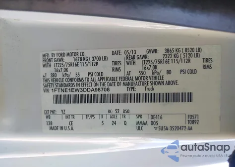 2013 Ford E-150 Commercial from USA, damaged, VIN 1FTNE1EW3DDA98708